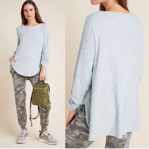 Anthro SATURDAY SUNDAY Tenley Top Shirt Blouse Green Ruched Sleeves Ribbed Knit